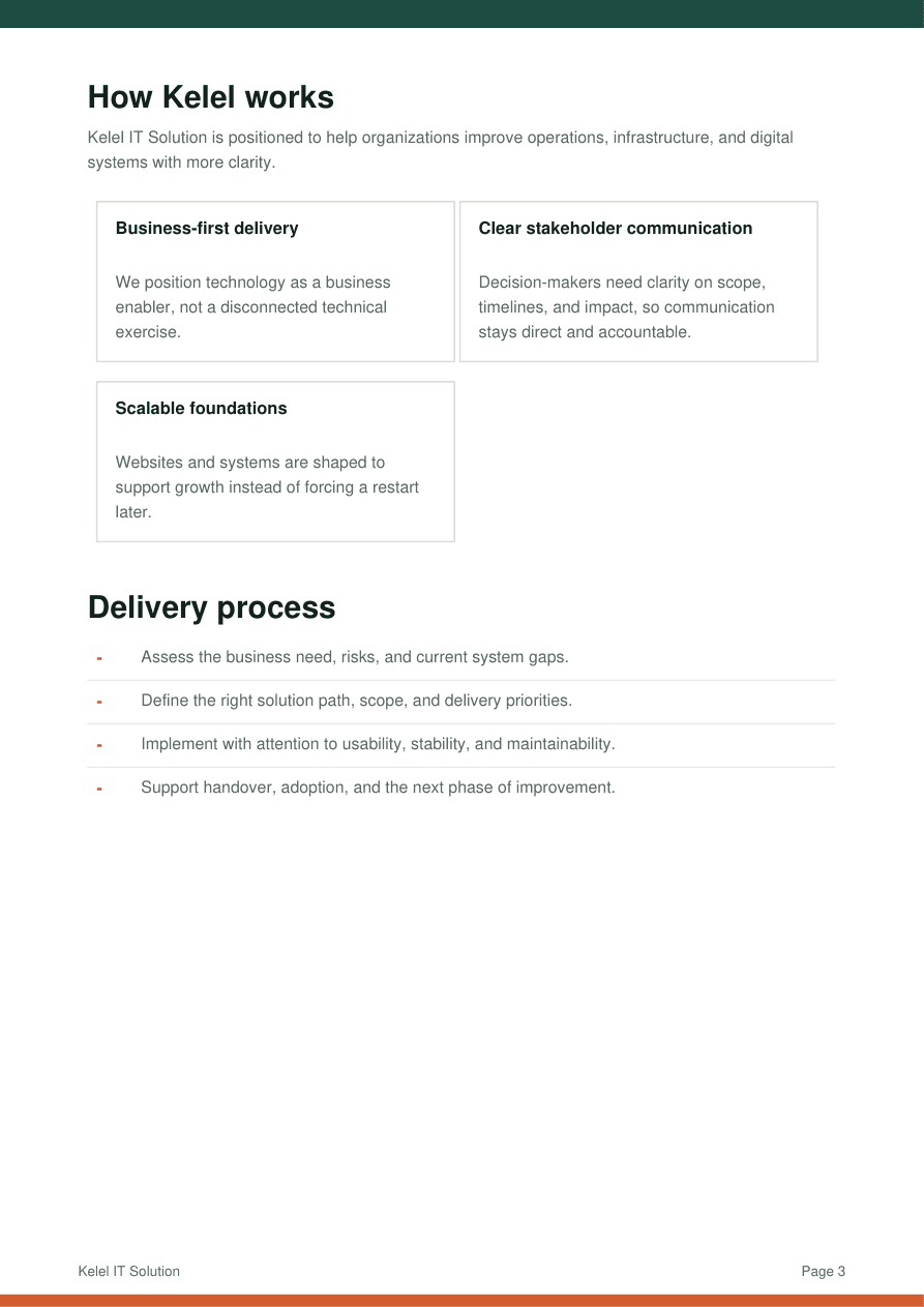 Kelel company profile solutions page preview